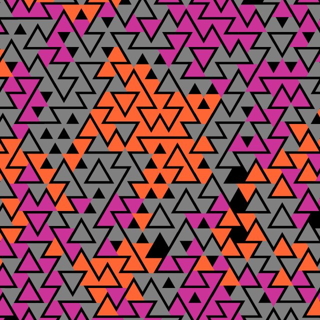 Agencement de triangles colorés avec bordure noire, calculé par Spline Screen en 2018